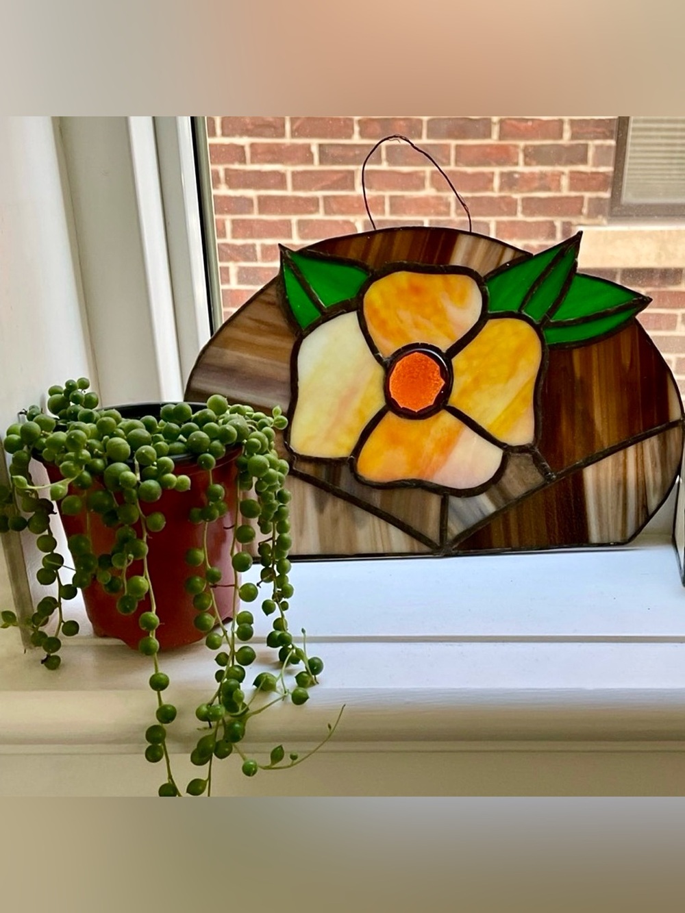 ⚡️SALE⚡️🌼 Vintage Stained Glass Hanging Panel Sun Catcher - Yellow Orange Flower - Picture 6 of 10
